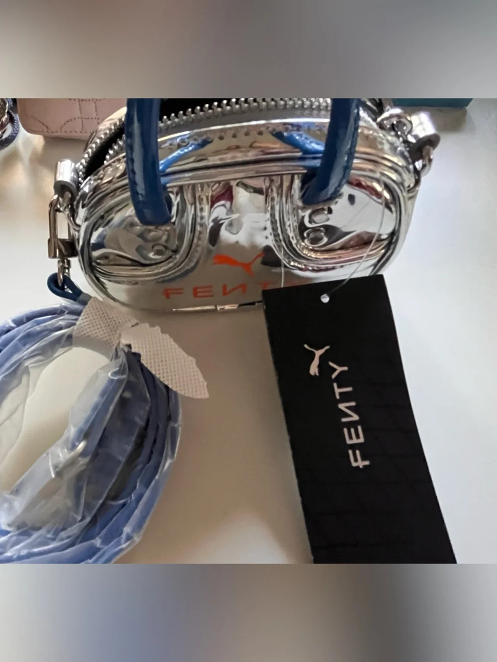 PUMA FENTY Metallic Silver Mini Bag with Blue Strap